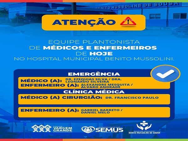 AVISO: EQUIPE PLANTONISTA HOSPITAL MUNICIPAL 10/10